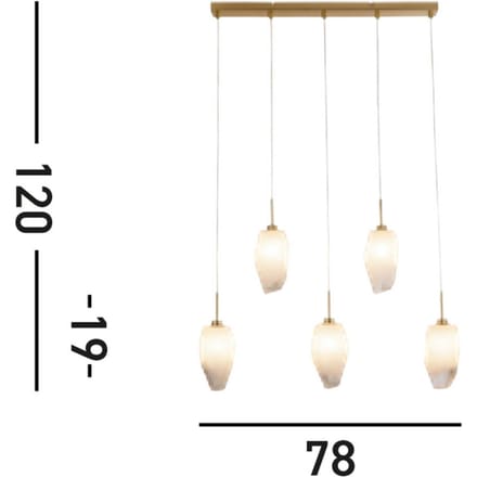 Searchlight Rocky hanglamp, 5-lamps, lang, messingkleurig, staal, glas