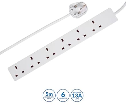 Uitbreidingstekker met 6 uitgangen en 5 meter snoer - Wit