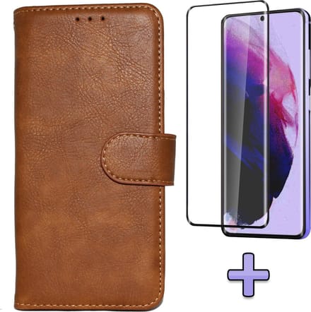 HB Hoesje Geschikt voor Samsung Galaxy S21 Plus - Bruin + Volledige Display Screenprotector - Luxe Kunstlederen Portemonnee Book Case
