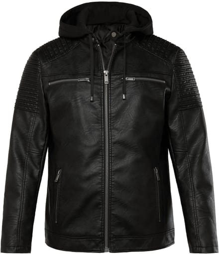 Men Plus - Heren - Bikerjas leerlook jersey capuchon - Zwart - Maat L