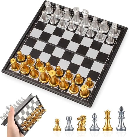 Schaakbord Set - Magnetisch Bord - Reis Spel - Stabiele Stukken - 30 x 15 cm - Goud en Zilver