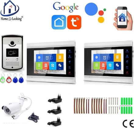 WIFI videofoon/intercom met 1 deurbel camera + 2 binnen paneel/schermen + camera en kan werken met spraak gestuurde apps.. T-2102-1-2-C.