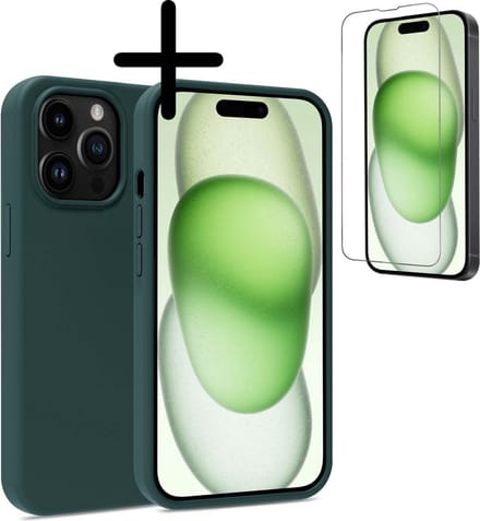 Hoesje Met Screenprotector - Geschikt voor Apple iPhone 15 Pro Max - Sterk & Shockproof - Back Cover - Siliconen Case - Telefoon Hoes - Donkergroen
