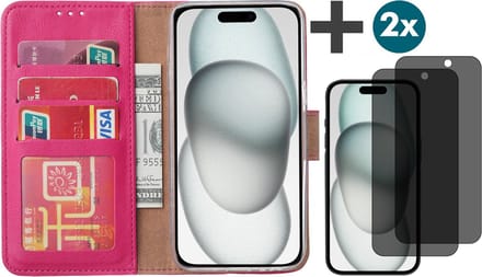 Hoesje met Privacy Screenprotectors 2 Stuks Geschikt voor iPhone 15 – Arara bookcase met pasjeshouder - Roze