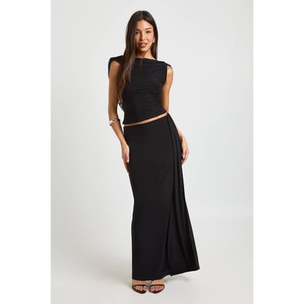boohoo Dames Slinky Maxi Rok Met Mesh Drapering | Black | Maat: 14