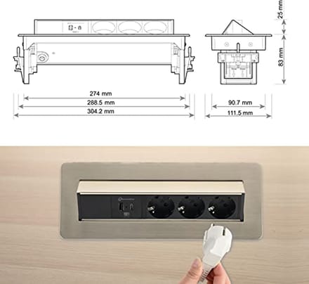 Uitschuifbare Tafelcontactdoos met USB 3.1A Snelladen - Inbouwcontactdoos voor Bureau