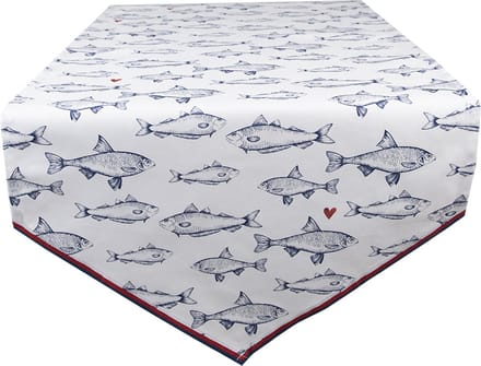 Clayre & Eef Tafelloper 50x160 cm Wit Blauw Katoen Vissen Tafelkleed