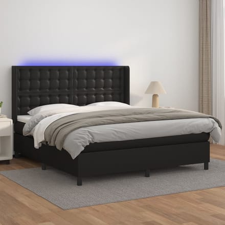 vidaXL - Boxspring - met - matras - en - LED - kunstleer - zwart - 160x200 - cm