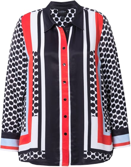 Ulla Popken - Dames - Blouse patroonmix overhemdkraag lange mouwen - Sneeuwwit - Maat 58+