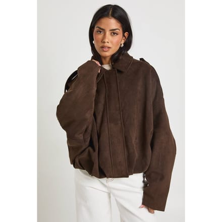 boohoo Dames Suede Bubble Zoom Bomber Jacket | Chocoladebruin | Maat: 40