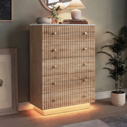 Commode 5 Tiroirs en Bois avec LED Ambiance, Rangement Haute, Sécurité Anti-Basculement