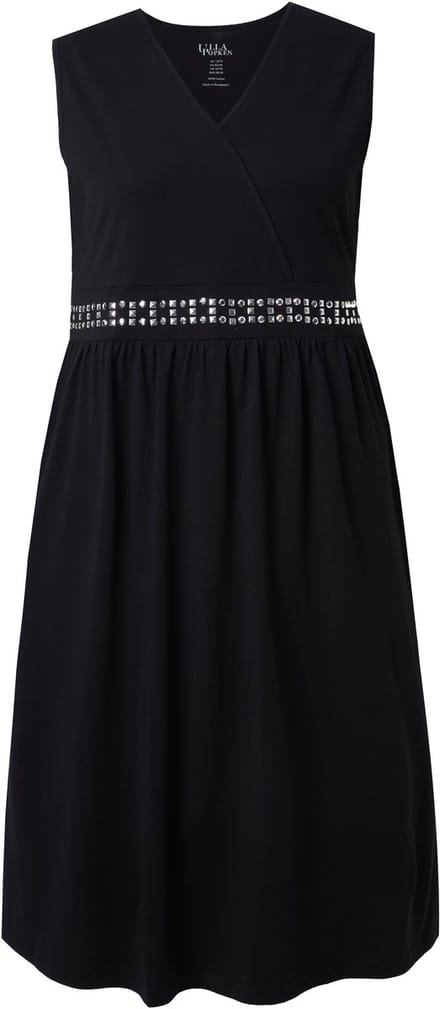 Ulla Popken - Dames - Midi-jurk borduursel wikkellook V-hals mouwloos - Zwart - Maat 54+
