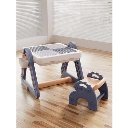 Ensemble de chaises pour enfants, table triangulaire d'apprentissage, blocs de construction à grosses particules et blocs de construction de tuyaux, table fixe et pliable 58.5*65*69cm gray