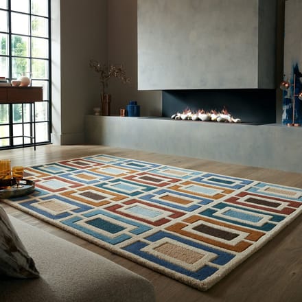 Flycarpets Retro Vloerkleed Geblokt - Handgetuft Gekleurd - Blauw / Multi 80 x 150 cm