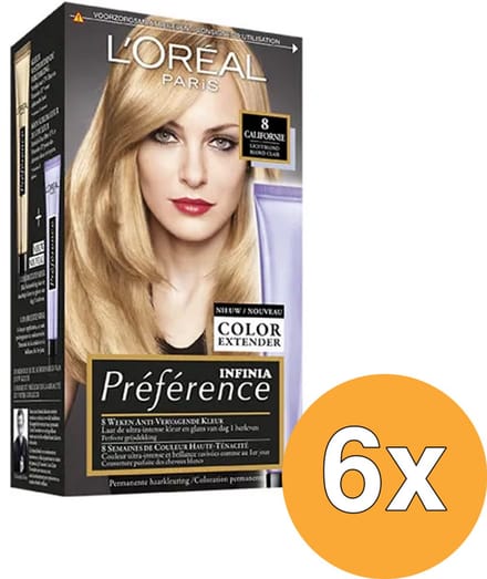 L'Oréal Préférence Permanente Haarkleuring 8.0 Lichtblond - 6 Stuks - Voordeelverpakking