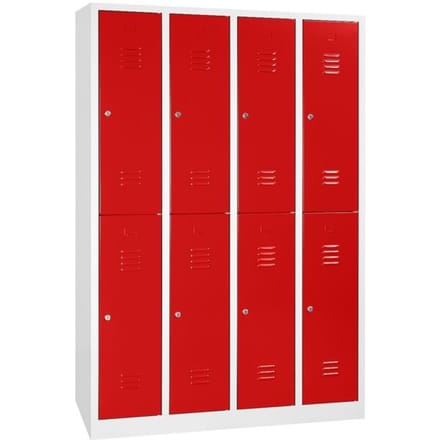 Kledinglocker, 4 compartimenten in twee rijen, B 1170 x H 1950 mm cilinderslot, lichtgrijs/vuurrood