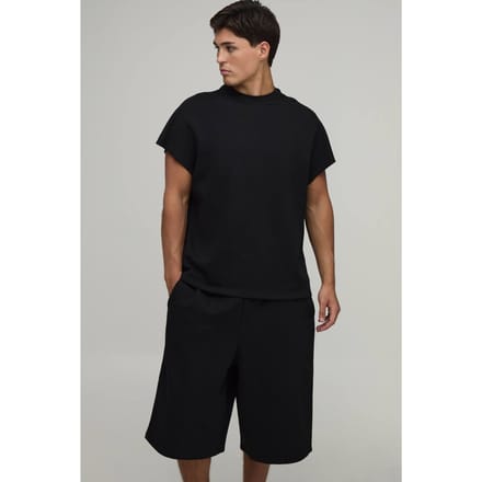 Oversized Boxy Loopback T-shirt Met Korte Mouwen En Jorts Set | Black | Size XS