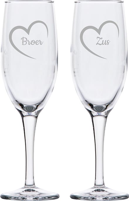 Gegraveerde Champagneglas 16,5cl Broer & Zus met hartje