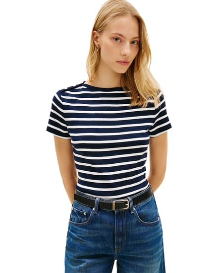 Tommy Hilfiger Gold Button Slim Ss Tee Breton Stripe Dark Night/ecru Maat: XL | Tops Outlet | Dames | Wit
