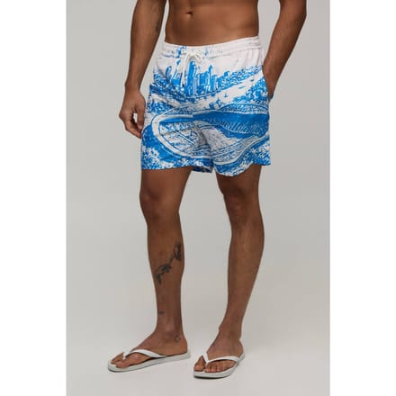Football Stadium Cityscape Mid Length Swim Short | Blue | Size Small