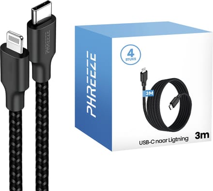 4x lange kabels geschikt voor iPhone 14 t/m 7 - Snellader - 3 meter - Stevig - 20w power delivery - Phreeze