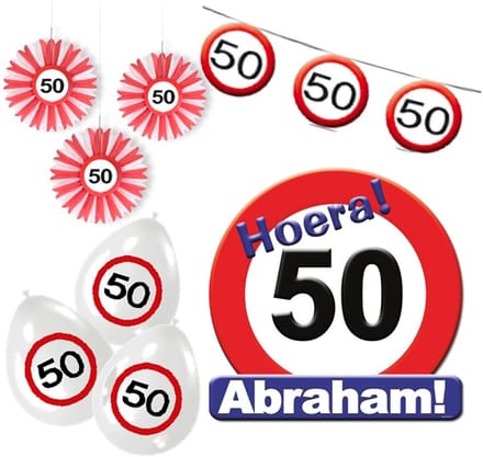 Feest pakket versiering ABRAHAM 50 jaar verkeersbord - 4 delig.