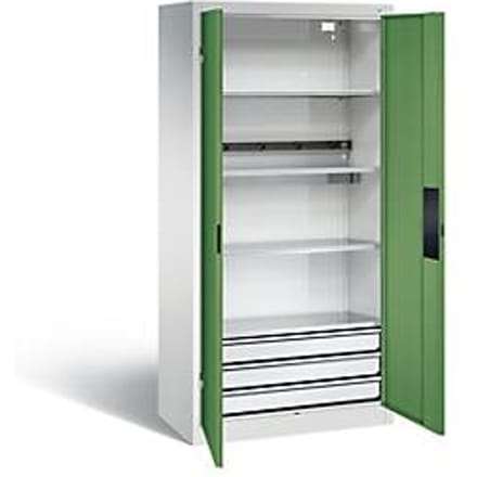 C+P acculaderkast Basic met deuren van massief plaatstaal, H 1950 x B 930 x D 500 mm, lichtgrijs/resedagroen