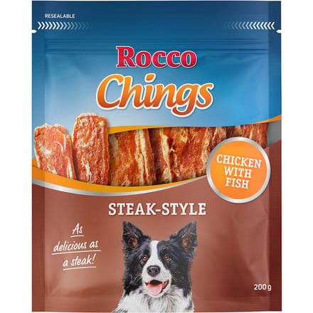 12x200g Chings Steak Style Kip Rocco Hondensnacks Kip & Vis