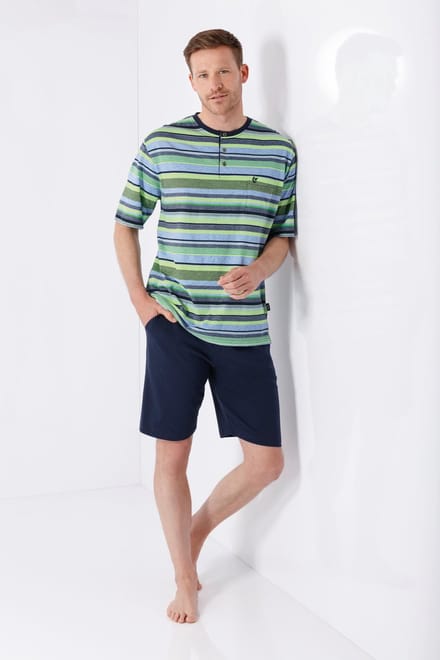 Hajo heren shortama groen blauw gestreept - Blauw - Maat - 50
