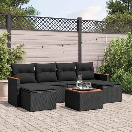 vidaXL - 7-delige - Loungeset - met - kussens - poly - rattan - zwart