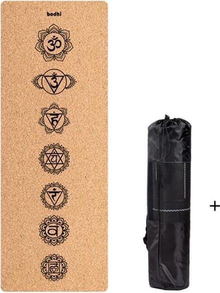Yogamat met chakras opdruk - kurk en zwart rubber - Extra dik en breed