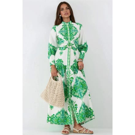 Paisleyprint Maxi-jurk met riem en overhemdkraag