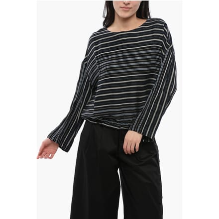 Gebalanceerde streep VARSITY linnenmix blouse in zwart