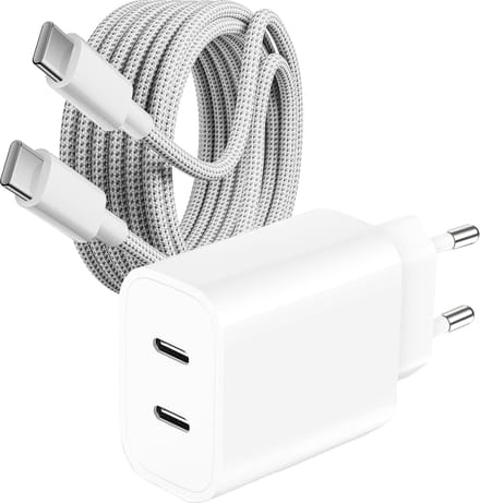 Usb C Lader 2 Poorten + Sterke usb-C Kabel - 2 Meter - 35w Snellader met usb-C naar usb-C Kabels - Oplader usbC