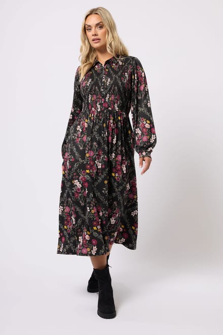 Yours Zwarte Gebloemde Gesmokte Shirtjurk Size 44