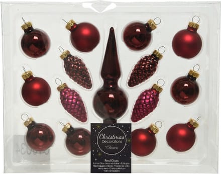 Decoris Mini kerstballen D3 cm - met piek - set 15-dlg - donkerrood - glas - kerstversiering