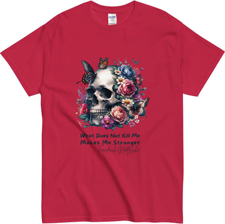 Tshirt met Motivatie Tekst - Doesn't Kill Me - Bloemen en Skull Design - Dames Heren - Rood - XL
