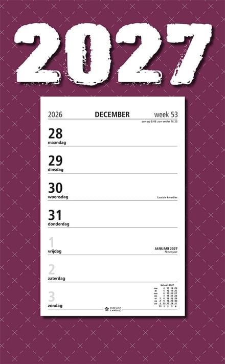 MGPcards - Week Scheurkalender 2027 - Week begint op maandag - 21 x 34 cm - Purper