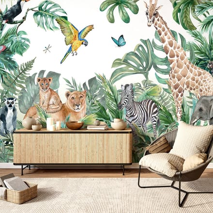 Vooraf gelijmd panoramisch junglebehang, groot safari-ontwerp, H 250 x B 360 cm