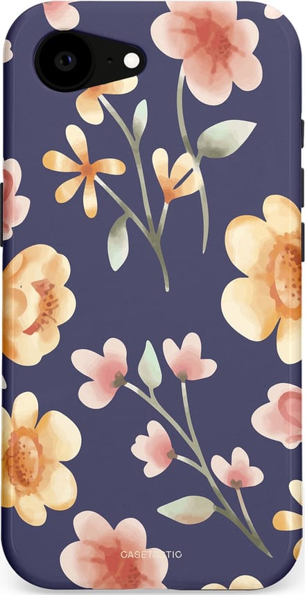 Casetastic hoesje geschikt voor Apple iPhone 16e / Apple iPhone 17e - MagSafe - Dubbellaagse bescherming - Fluweel Bloemendesign - Fashion Case - Donkergrijs Zand Perzik Grijs