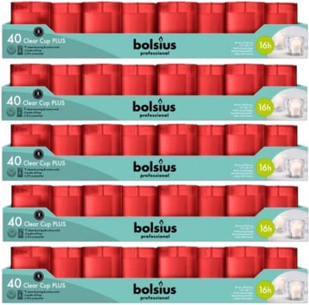 200 stuks Bolsius Clear Cups kaars in rode houder 49/42 (16 uur)