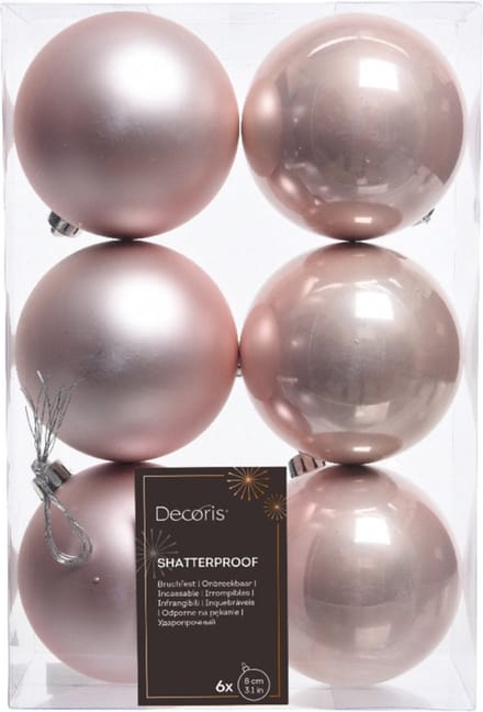 Decoris Kerstballen - 6x st - lichtroze - D8 cm - kunststof - mat/glans - kerstversiering