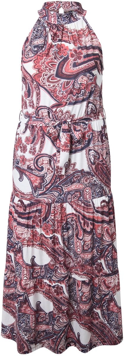 Ulla Popken - Dames - Maxi-jurk boho-motief opstaande kraag volantzoom - Off-white - Maat 54+