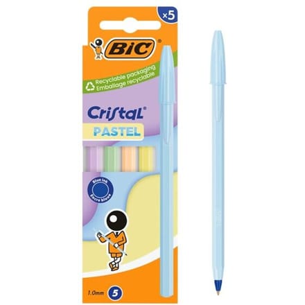 BIC Cristal Pastel Balpen - 5 Stuks - 5 Pastelkleuren - Navulbaar Blauwe Inkt - Medium Punt