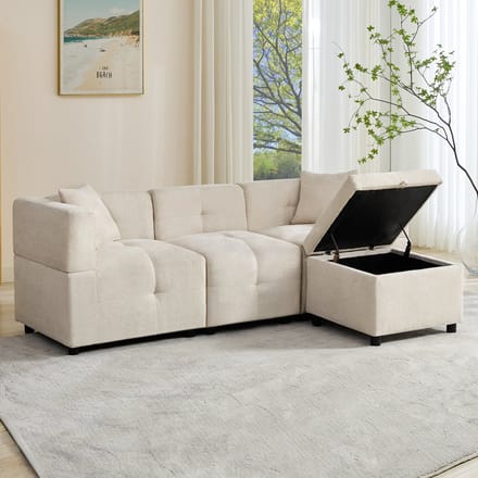 REDOM Modulaire bank 3-zits 204*126*69cm van chenille, met multifunctionele opbergpoef en 2 kussens