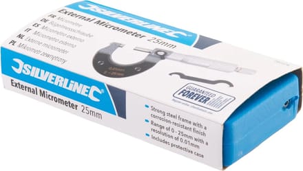 Silverline Externe micrometer - geëmailleerd - 0-25 mm bereik - 0,01 mm resolutie - met opbergdoosje