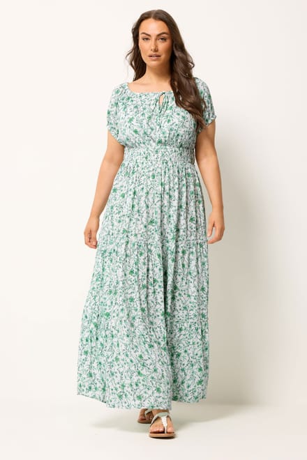 Yours Groene Bardotmaxijurk Met Bloemenprint Size 44
