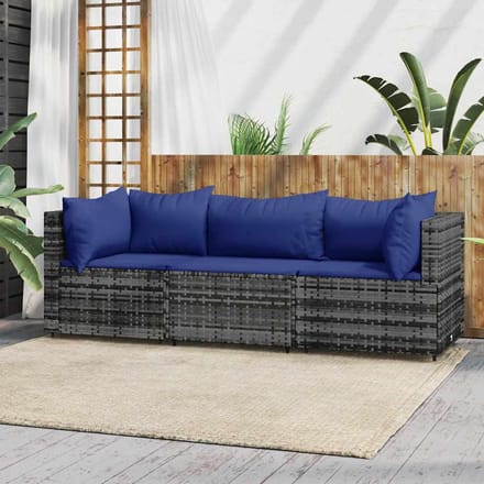 vidaXL - 3-delige - Loungeset - met - kussens - poly - rattan - grijs
