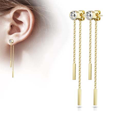 Oorbellen stud met vrij hangende dubbele ketting balkje - goud - LMPiercings