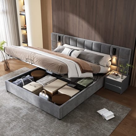 MODFU Opbergbed – 180x200 cm – Hydraulisch – Leeslamp & USB – Geruit – Fluweel – Grijs